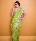 Light Leafy Green Saree With Pink Pom Poms In Khadi Linen