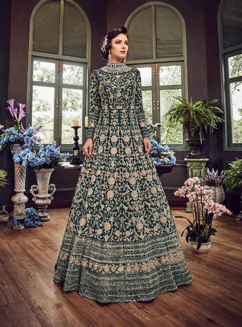 Dark-turquoise embroidered net salwar ZELLY 2927894