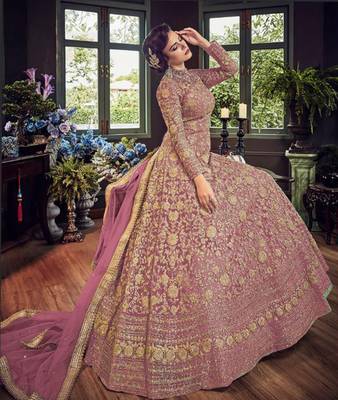 Light-wine embroidered net Anarkali 2