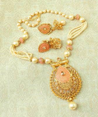 Lalso Beautiful Peach Meenakari Enamel And Patwa Work AD Zircon Pendant Set - LMNPS03_PH 1