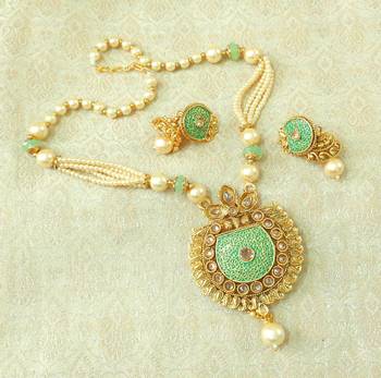 Lalso Beautiful Sea Green Meenakari Enamel And Patwa Work AD Zircon Pendant Set - LMNPS05_SG 1