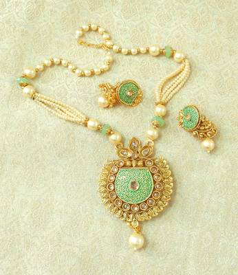 Lalso Beautiful Sea Green Meenakari Enamel And Patwa Work AD Zircon Pendant Set - LMNPS05_SG 2