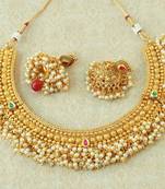 Lalso Beautiful Ruby Green Kundan Pearl Bead Work Bandhani Necklace Set - LBDN02_MG