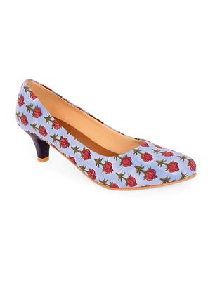 Women Blue Ethnic Printed Kitten Heels 2