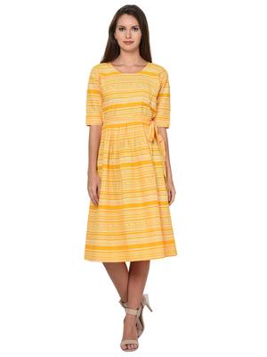 Yellow White Cotton Pleated Dress 1