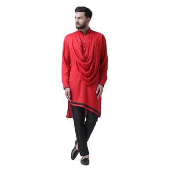 Red Plain Pure Viscose Rayon Men Kurta 1