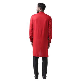Red Plain Pure Viscose Rayon Men Kurta 3