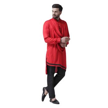 Red Plain Pure Viscose Rayon Men Kurta 4