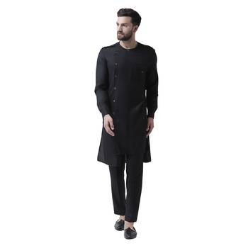 Black Plain Pure Viscose Rayon Men Kurta 1