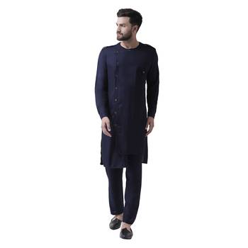 Blue Plain Pure Viscose Rayon Men Kurta 1