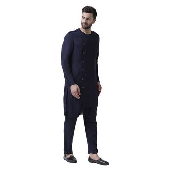 Blue Plain Pure Viscose Rayon Men Kurta 4