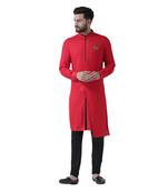 Red Plain Pure Viscose Rayon Men Kurta