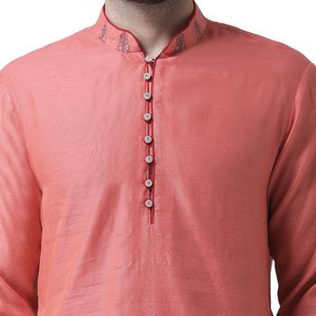 Pink Embroidered Chanderi Silk Men Kurta 5