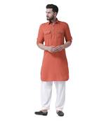 Orange Plain Silk Blend Men Kurta