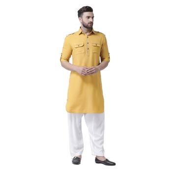 Yellow Plain Silk Blend Men Kurta 1