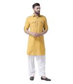 Yellow Plain Silk Blend Men Kurta