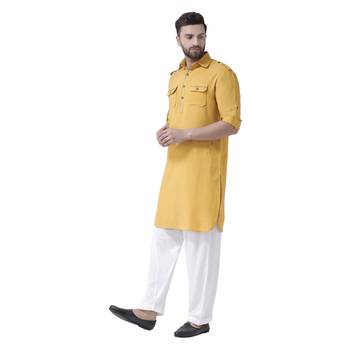 Yellow Plain Silk Blend Men Kurta 2