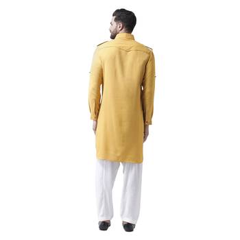Yellow Plain Silk Blend Men Kurta 3