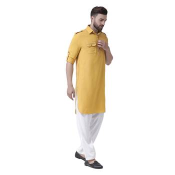 Yellow Plain Silk Blend Men Kurta 4