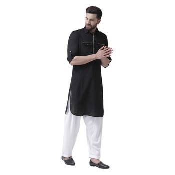 Black Plain Silk Blend Men Kurta 4