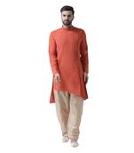 Orange Plain Silk Blend Kurta Pajama