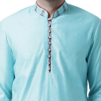 Blue Embroidered Silk Blend Kurta Pajama 4