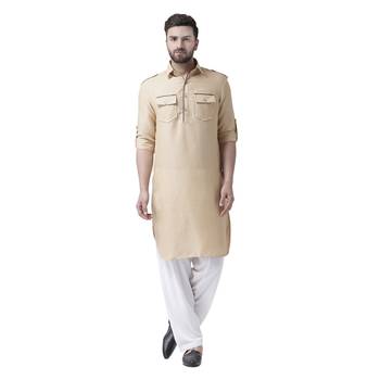 Beige Plain Jute Kurta Pajama 1
