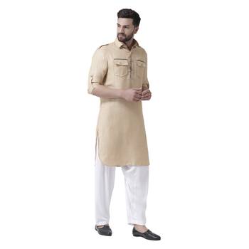 Beige Plain Jute Kurta Pajama 2