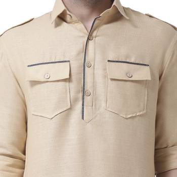 Beige Plain Jute Kurta Pajama 4