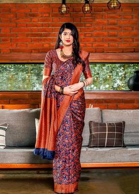 Multicolor printed silk blend saree with blouse 1