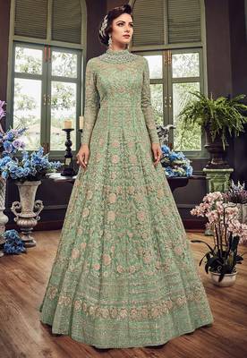 Sea-green embroidered net semi stitched anarkali with dupatta 1