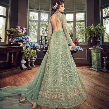 Sea-green embroidered net semi stitched anarkali with dupatta 2