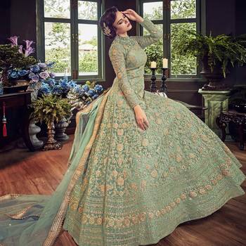 Sea-green embroidered net semi stitched anarkali with dupatta 3