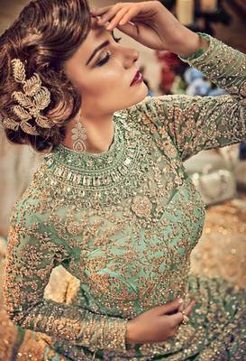 Sea-green embroidered net semi stitched anarkali with dupatta 4