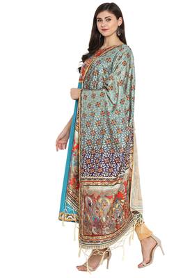 Janasya turquoise printed art silk kurta sets 3