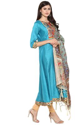 Janasya turquoise printed art silk kurta sets 4
