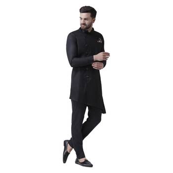 Black Woven Cotton Men Kurta 4
