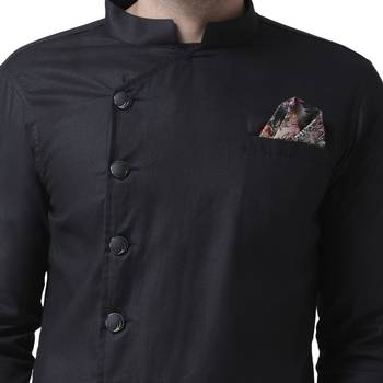 Black Woven Cotton Men Kurta 5