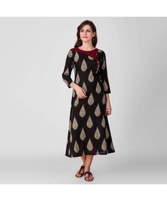 Black Kalamkari Cotton Dress with Top Stitch Detail 1