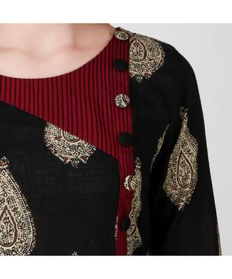Black Kalamkari Cotton Dress with Top Stitch Detail 4