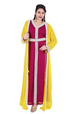 Magenta And Yellow Georgette Islamic Kaftan With Zari And Stone Work 1
