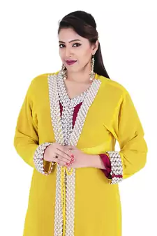 Magenta And Yellow Georgette Islamic Kaftan With Zari And Stone Work