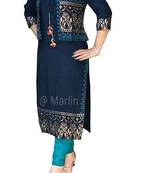 Blue printed rayon long-kurtis