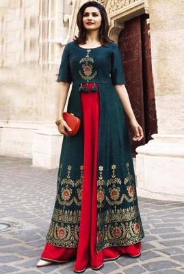 Blue Plain Jacquard stitched kurtis 1