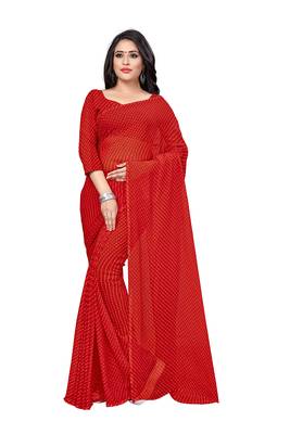 Red printed georgette saree with blouse 1