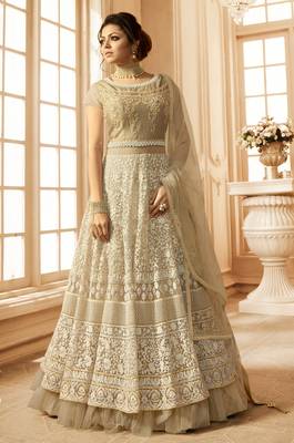 Beige embroidered net semi stitched salwar with dupatta 1