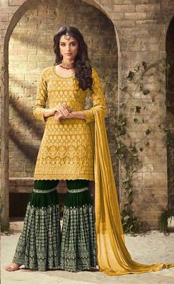 Yellow embroidered faux georgette semi stitched salwar with dupatta 1