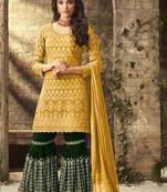 Yellow embroidered faux georgette semi stitched salwar with dupatta