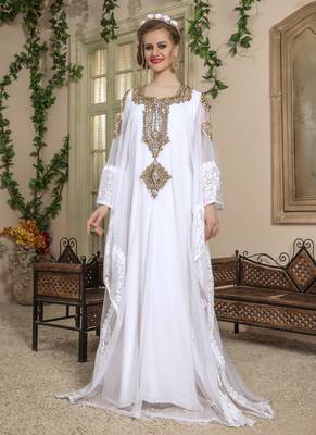 White Embroidered Crepe Islamic Kaftans 1
