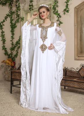 White Embroidered Crepe Islamic Kaftans 2